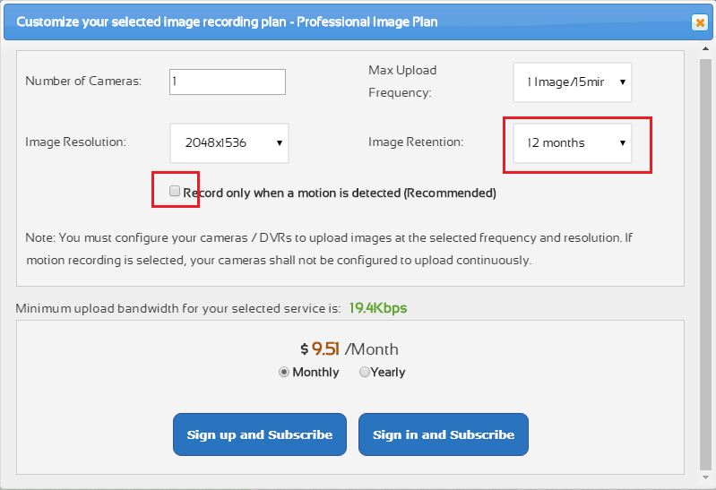 CameraFTP time-lapse service plan pricing